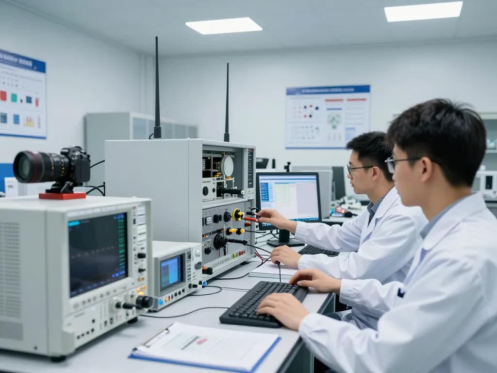 Engineers in EMC testing lab ensuring global market access compliance with advanced RF testing equipment.