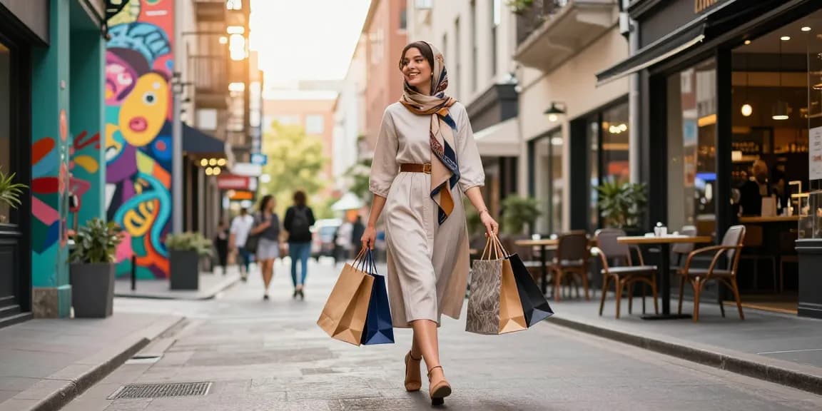 Stylish woman in modest dresses shopping on urban street with colorful murals.