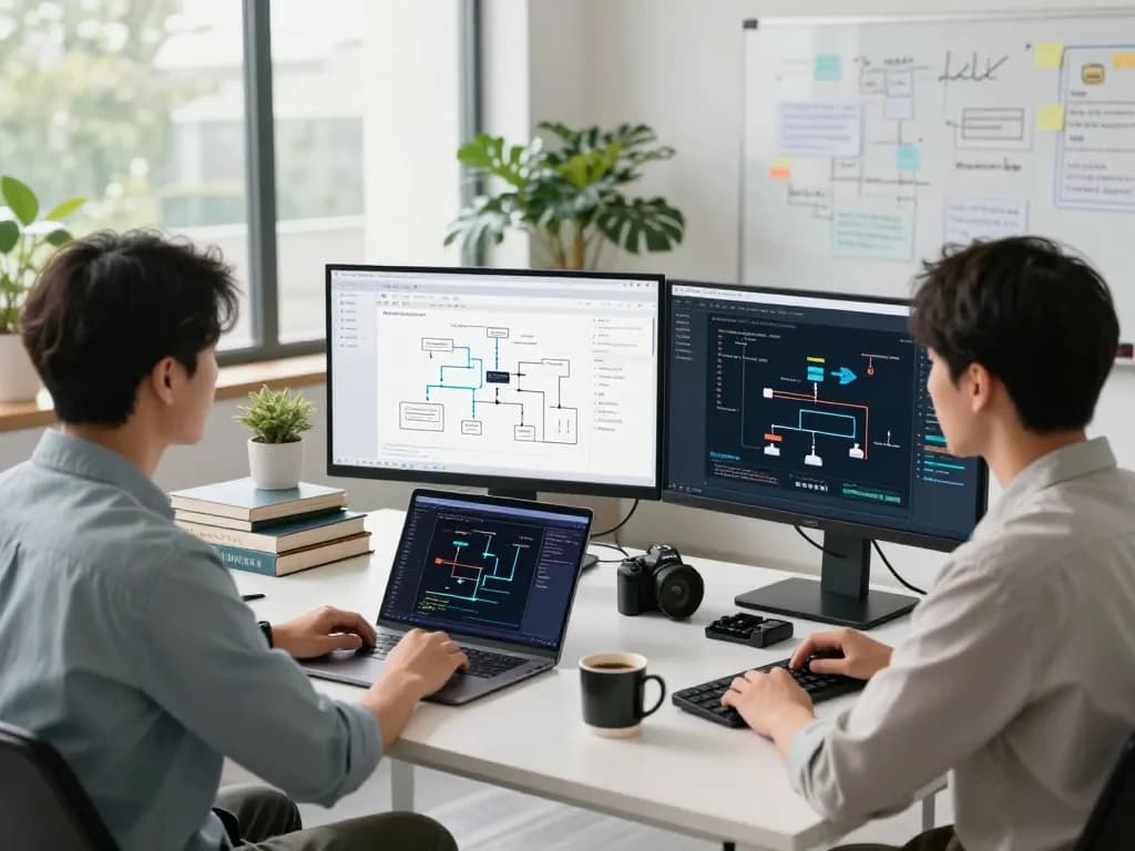 Automation specialist working in a modern office creating automation systems with real-time analytics.