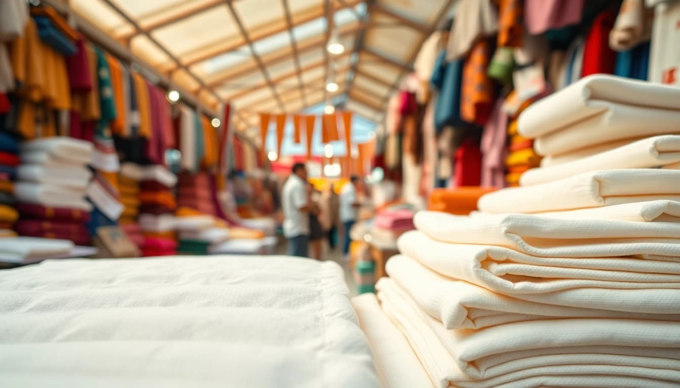 Katoen stof met verschillende kleuren in een levendige marktsetting verkennen.
