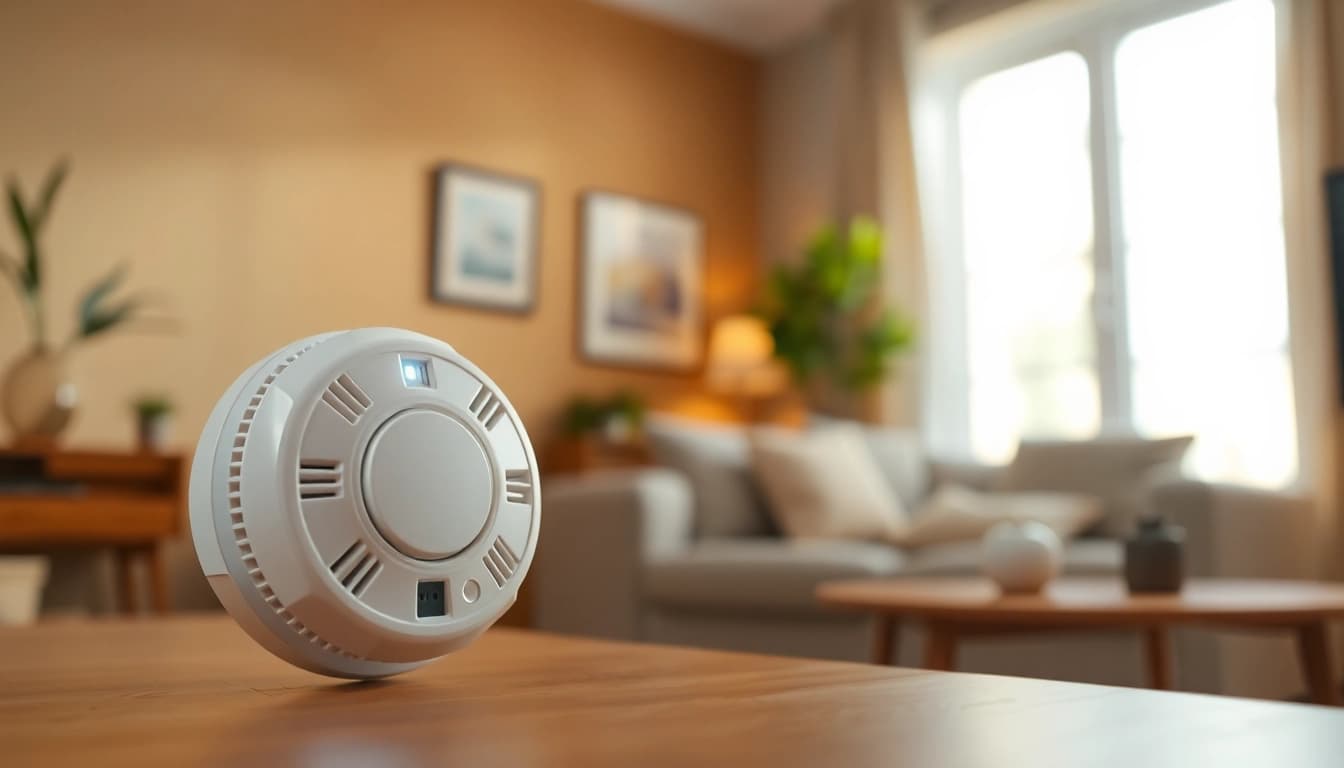 Carbon monoxide detector beeping prominently highlighted in a living room setting.