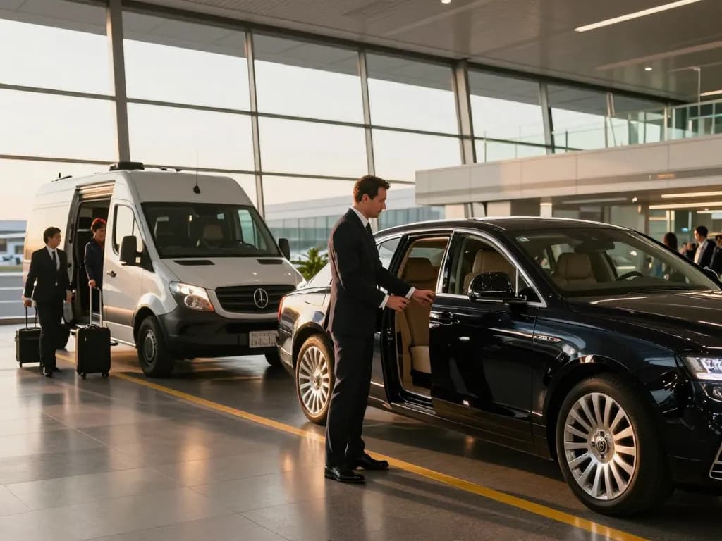 Midway airport limo service with a chauffeur assisting a passenger at Chicago Midway Airport.