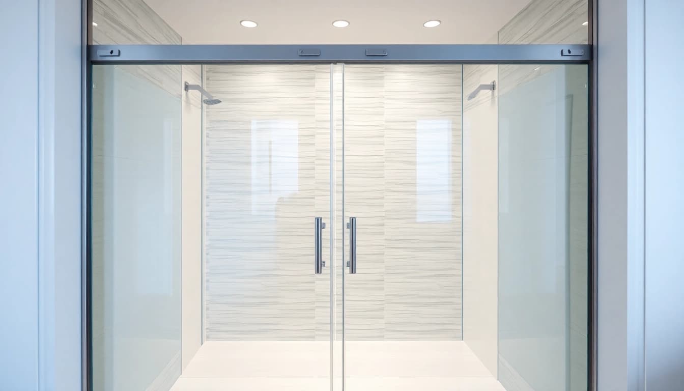 Showcasing sliding shower doors, emphasizing elegant design and modern aesthetics in a sleek bathroom.