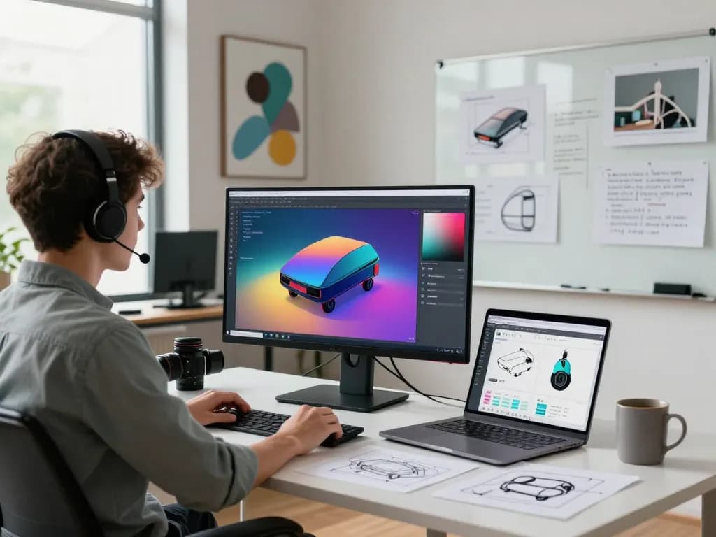 Engaging workspace illustrating 3D product configurator software in use by a developer adapting models and designs.