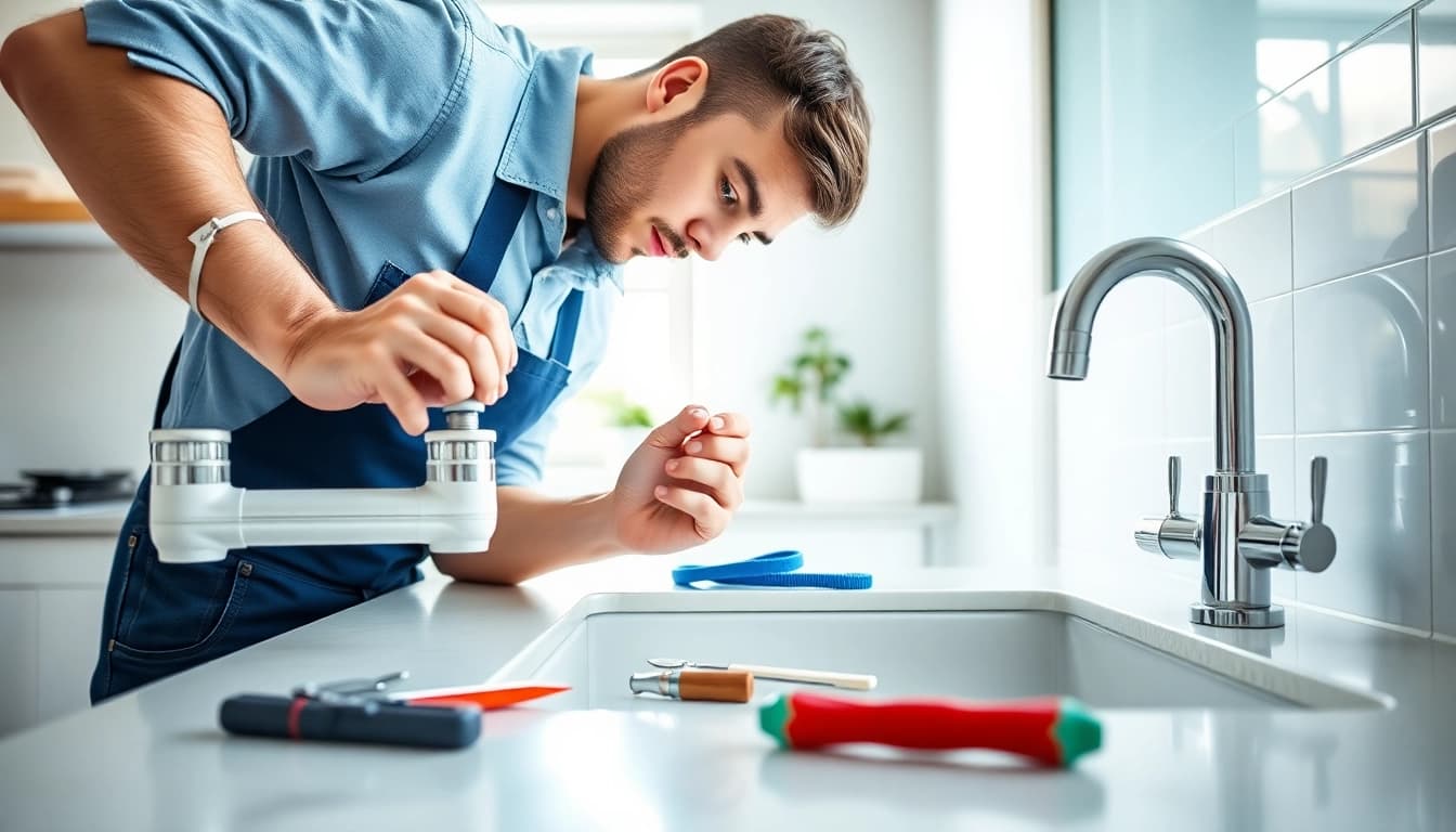 Plumber expertly demonstrating north shore plumbing techniques on a kitchen sink installation.