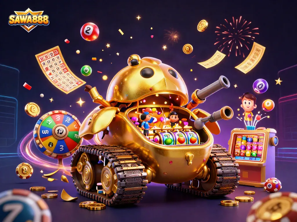 SAWA888 reinvents gaming with a dynamic 3D illustration of a golden beetle tank casino filled with excitement.
