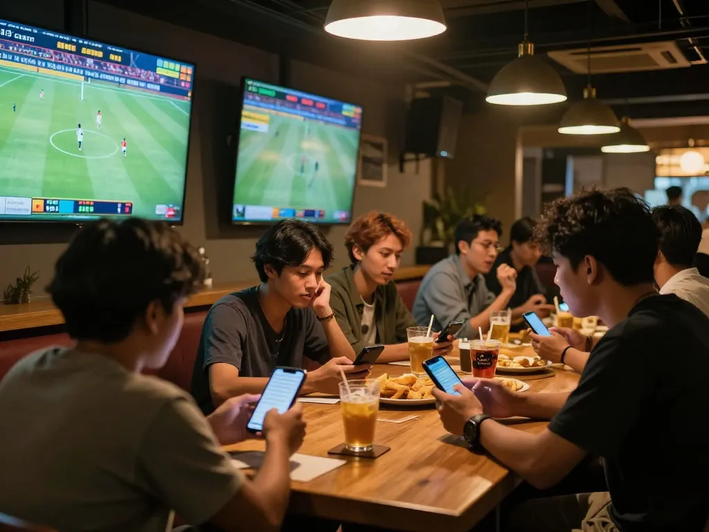 Teman-teman yang terlibat menikmati taruhan Judi Bola di bar olahraga yang ramai dengan banyak layar.