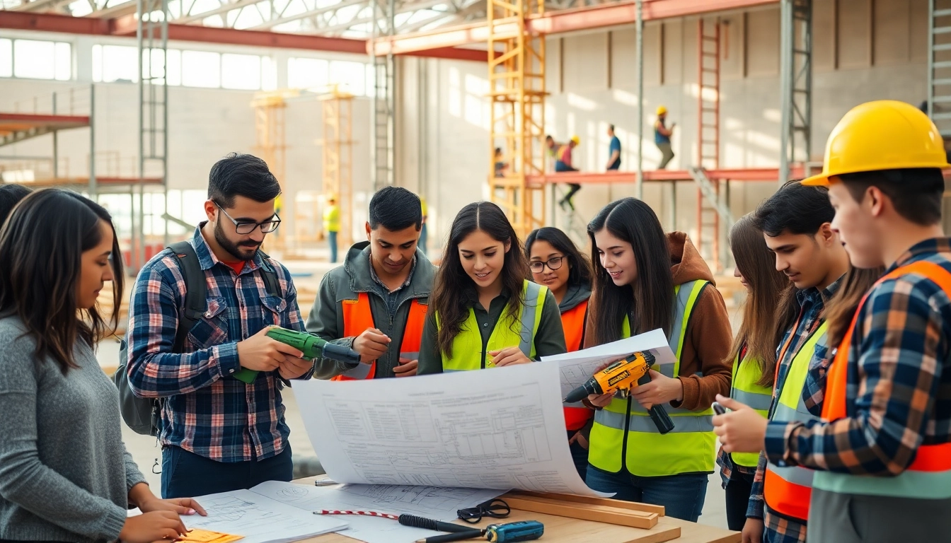 Engaged students learning construction education on a bustling site with tools and teamwork.
