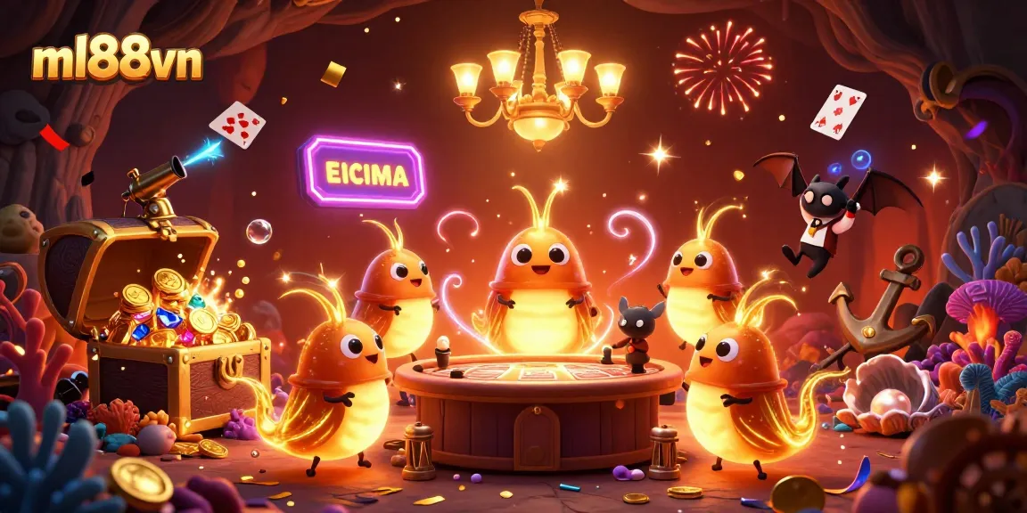 Engage in the excitement of ml88vn with a colorful casino scene illuminated by glowing glowworms and bat dealer.