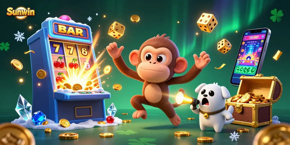 Experience Sunwin's vibrant gaming world with a playful monkey in a jackpot casino scene.