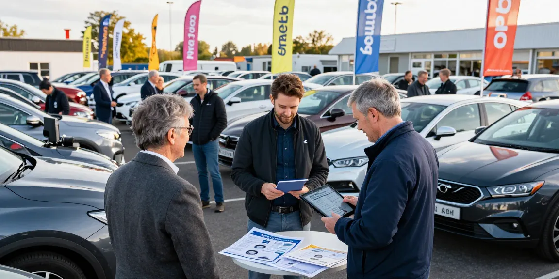 Car buyers engaged in a car history check UK at a dealership, ensuring informed decisions.