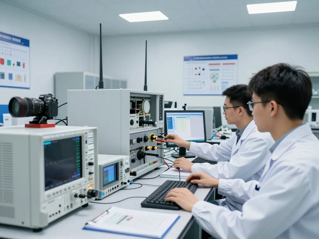 Engineers in EMC testing lab ensuring global market access compliance with advanced RF testing equipment.