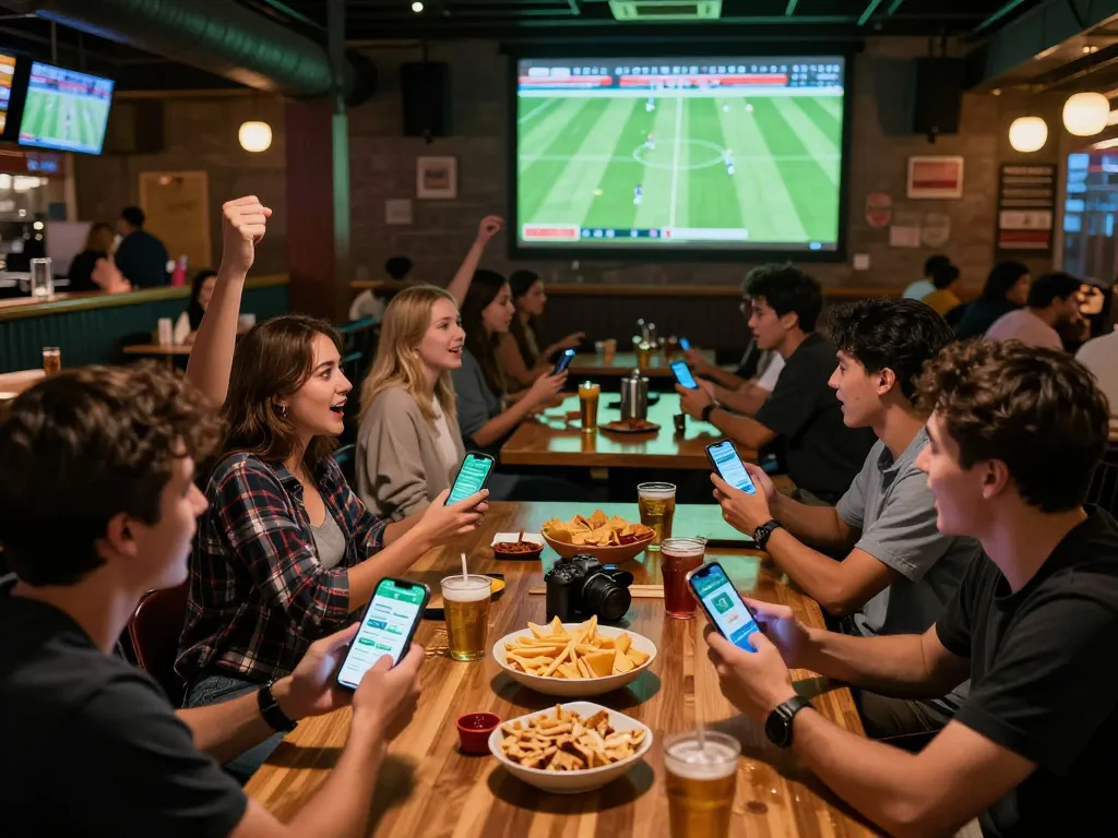 Socolive trực tiếp bóng đá: Friends placing bets and enjoying live football match at sports bar.