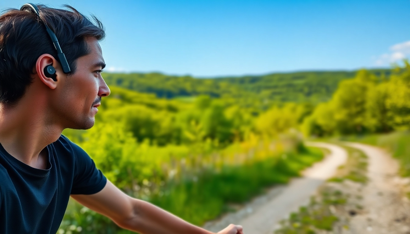 Experience the innovation of F1 Bone Conduction Headphones worn by a cyclist on a scenic trail.