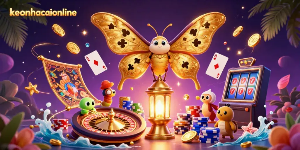 Engage with keonhacaionline's vibrant casino world featuring a golden atlas moth and dynamic game elements.
