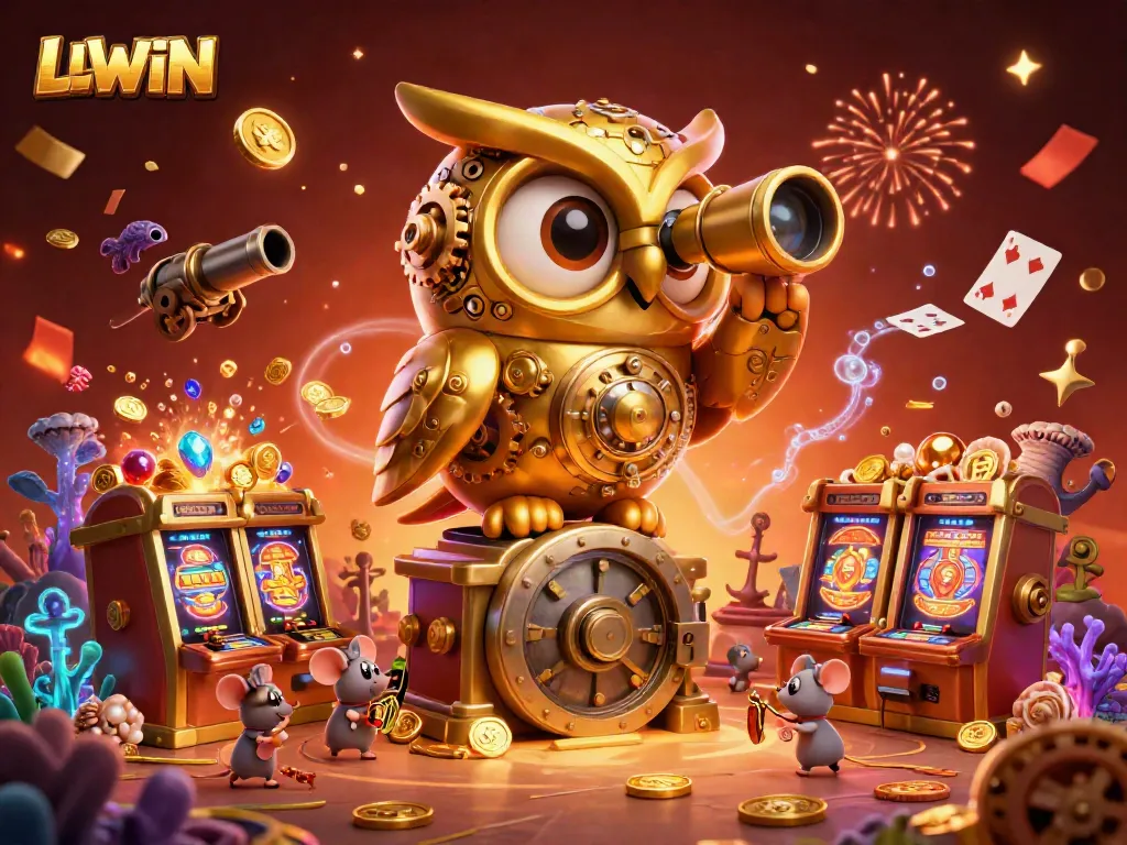 Experience LLWIN's vibrant online casino world with a playful owl and animated characters