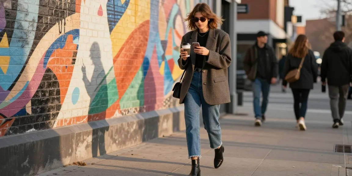 urban lifestyle fashion blog scene featuring a stylish individual in trendy outfit enjoying coffee