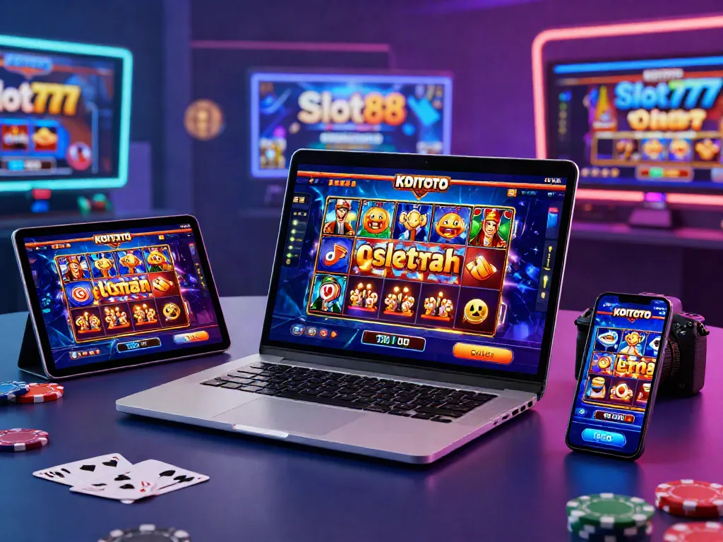 Engaging KOITOTO gaming platform scene with players enjoying Slot88 and Slot777 online slots.