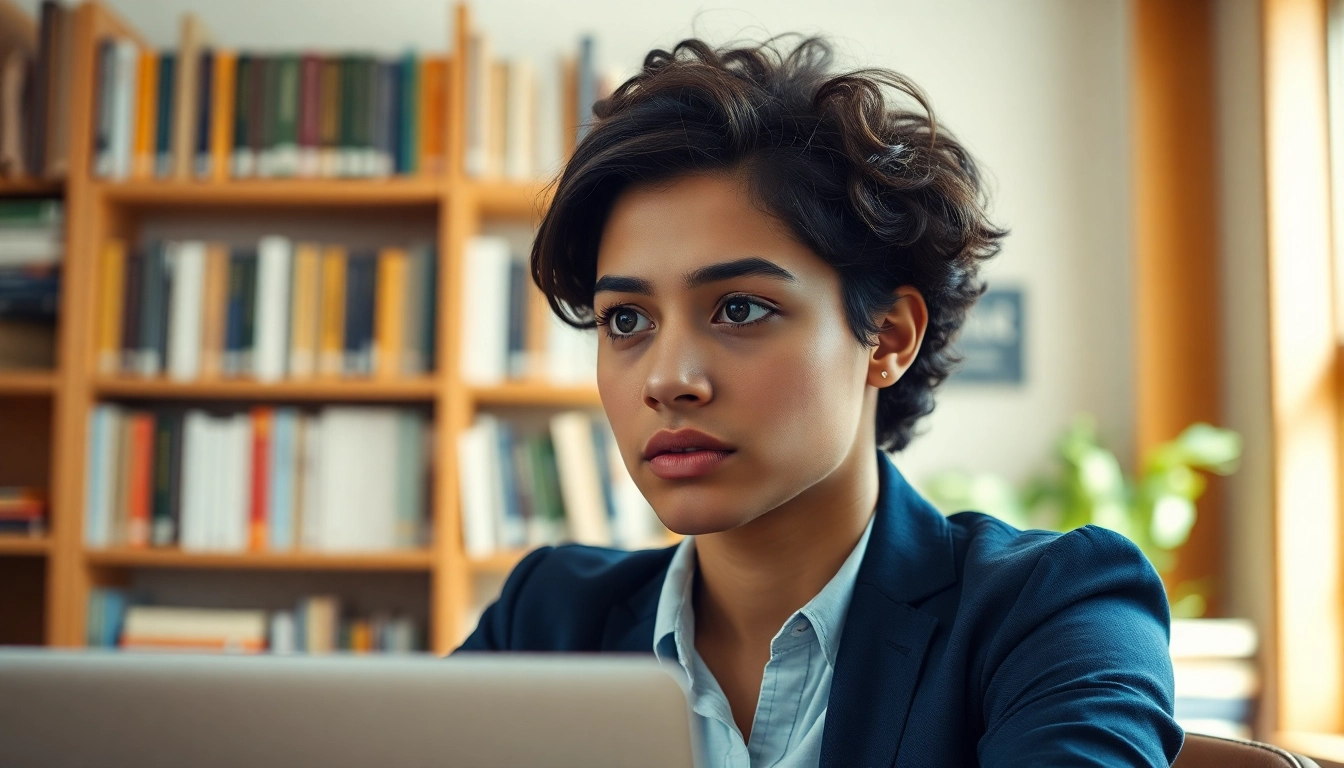 Focused student considering to pay someone to take toefl in a study setting with books.