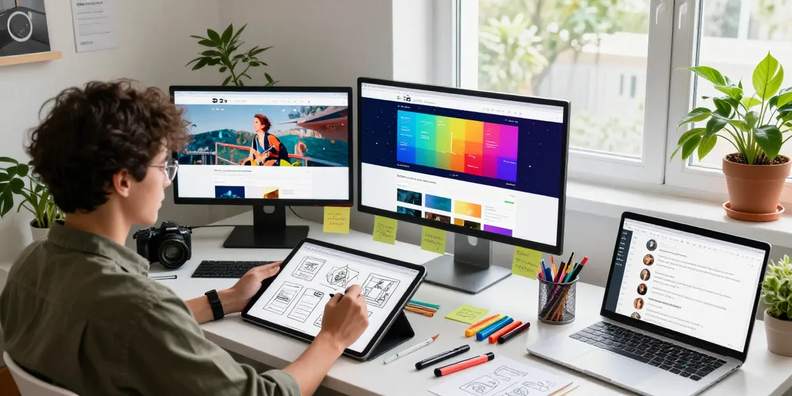 Creative workspace showcasing web design process with vibrant mockups and brainstorming elements.
