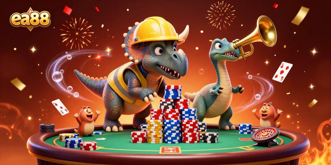 Celebrate casino wins with ea88 as a triceratops builds poker chips surrounded by festive gaming elements.