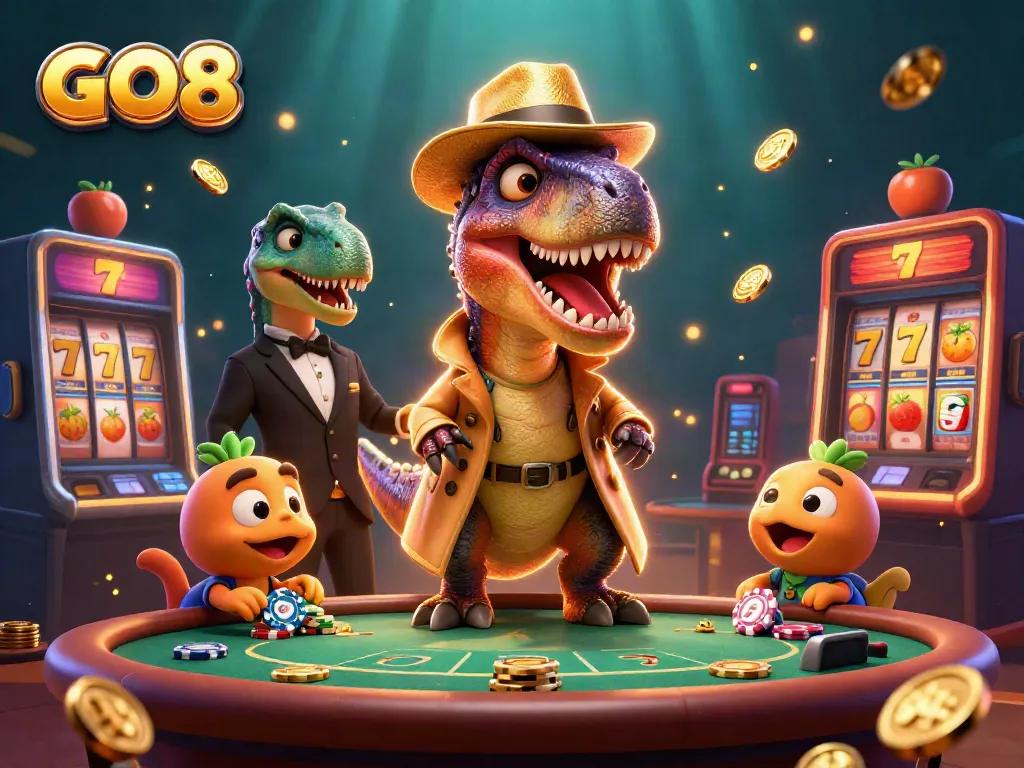 Experience GO8 thrills with a velociraptor gambling at a blackjack table in a vibrant casino scene.