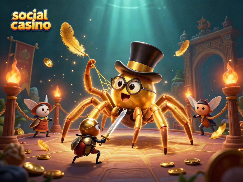 Engaging social casino scene with a giant tarantula and beetle knight in action.