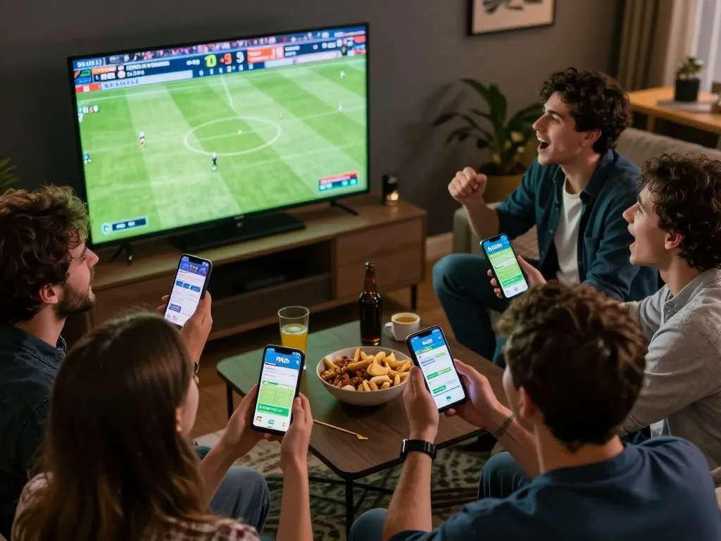 Friends using DN88 app for sports betting while watching live football match