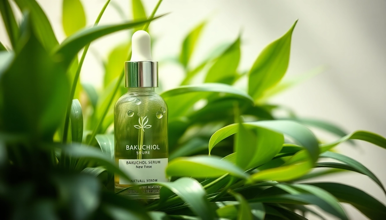 Hydrating bakuchiol serum bottle surrounded by natural greenery, symbolizing rejuvenation.