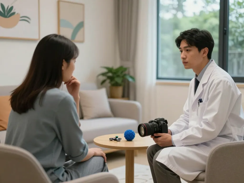 Therapy session illustrating a psychiatrist supporting a patient with 抑鬱症, showcasing a calming clinic environment.