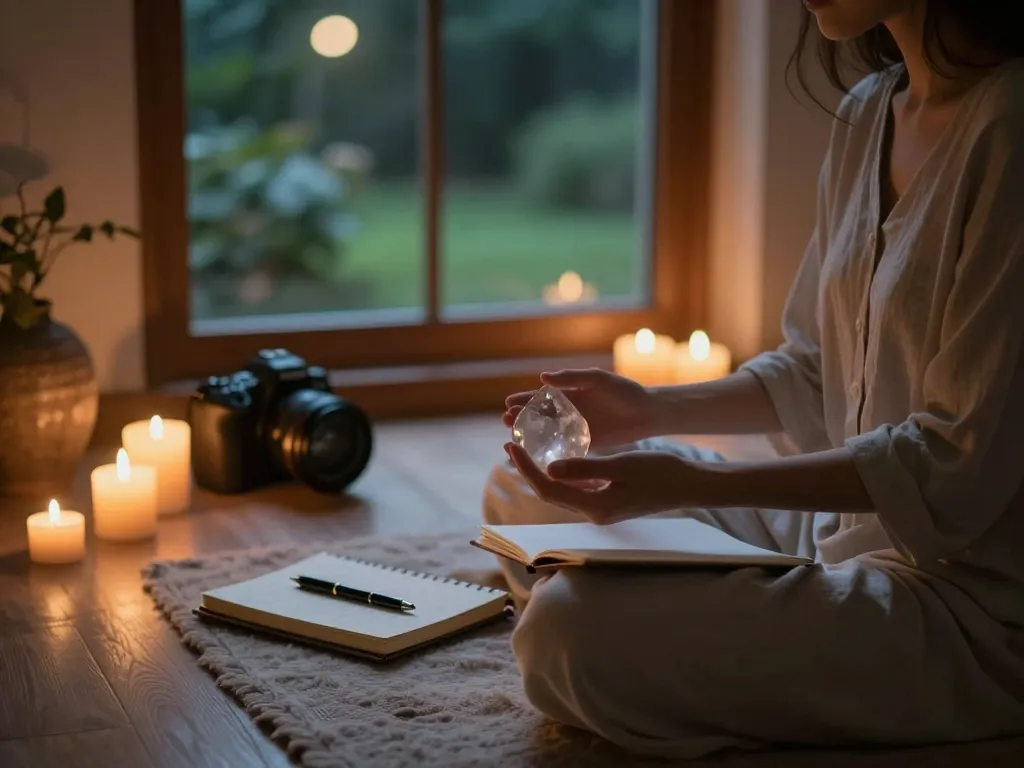 Reflective meditation setting focusing on why can’t I stop thinking about someone, featuring candles, crystals, and journal.