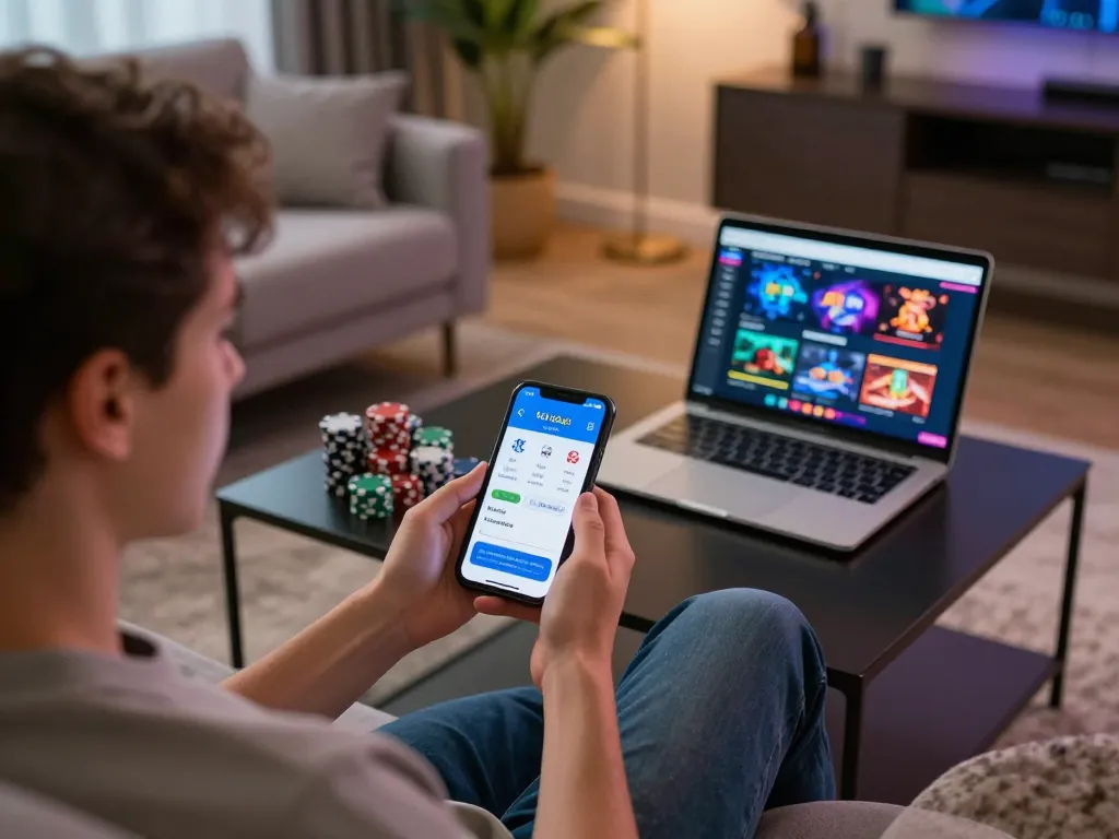 Engaging in mobile gambling using the tải hitclub app in a cozy living room setting
