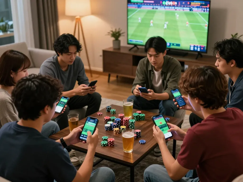 Engaging friends analyze kèo nhà cái odds during a thrilling sports betting session at home.