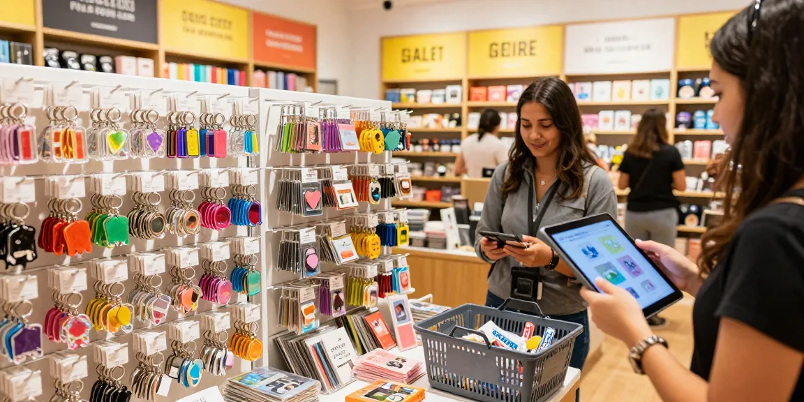 Custom keychains displayed in a vibrant retail environment, showcasing diverse styles and colors.