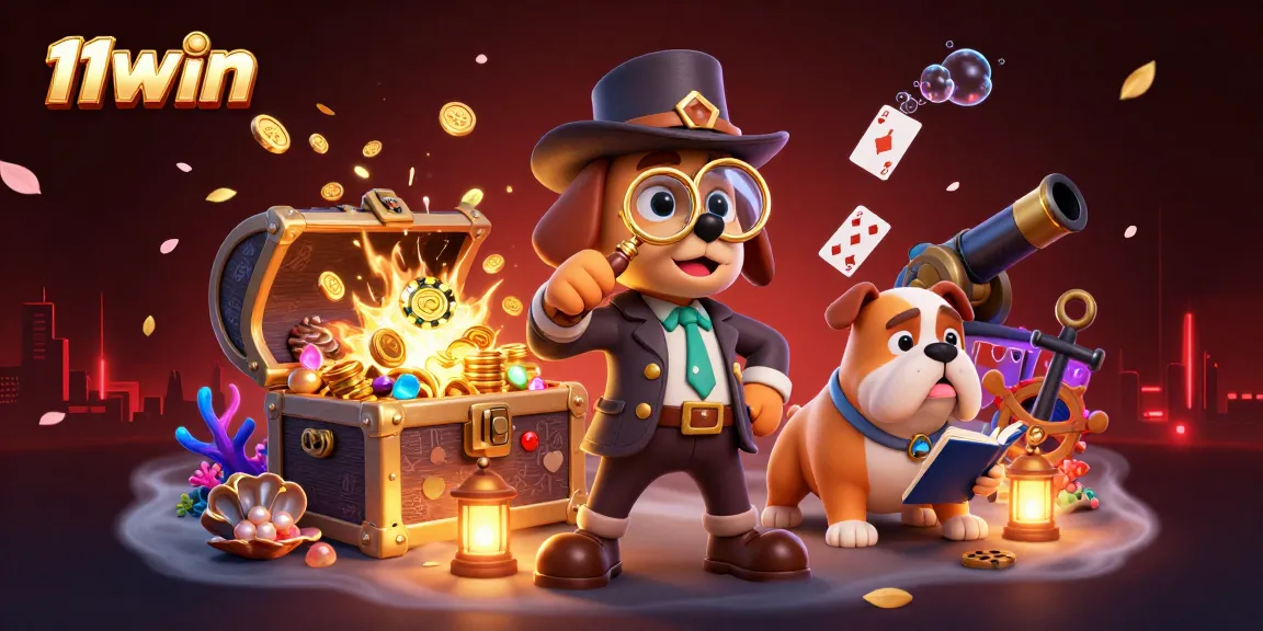 Discover treasure clues with 11WIN in a dynamic casino scene featuring a detective dog and rich gaming elements.