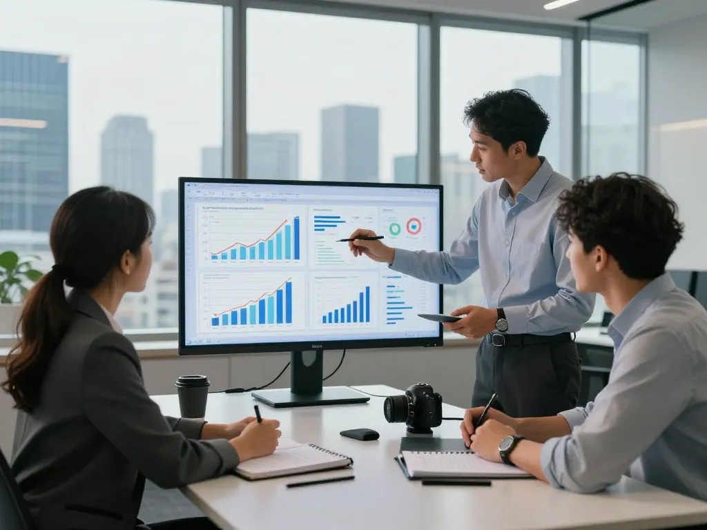 Team discussing international project finance strategies in a sleek office.