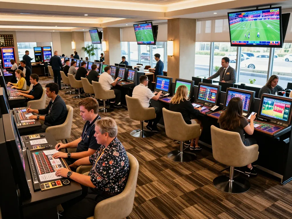Betting excitement in a lively casino sports lounge as players analyze tỷ lệ nhà cái for their bets