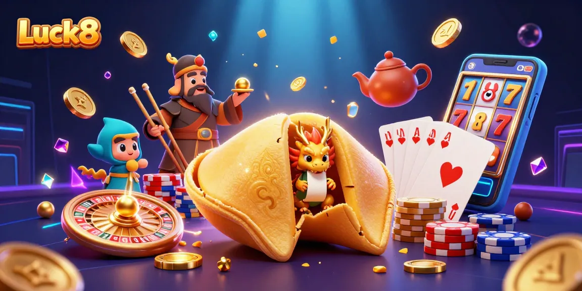 Experience thrilling wins at Luck8 with a vibrant casino scene featuring a fortune cookie and gold.