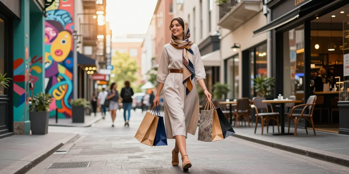 Stylish woman in modest dresses shopping on urban street with colorful murals.