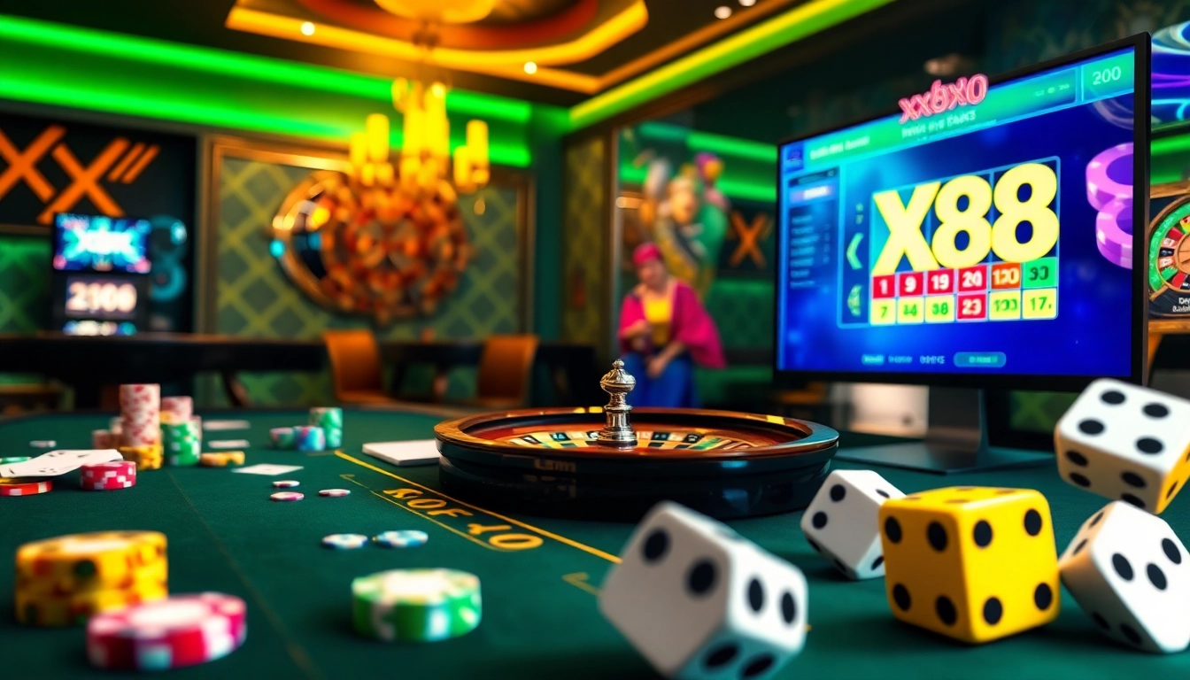 Experience the thrill of xx88 game with vibrant casino visuals showcasing poker chips and roulette.