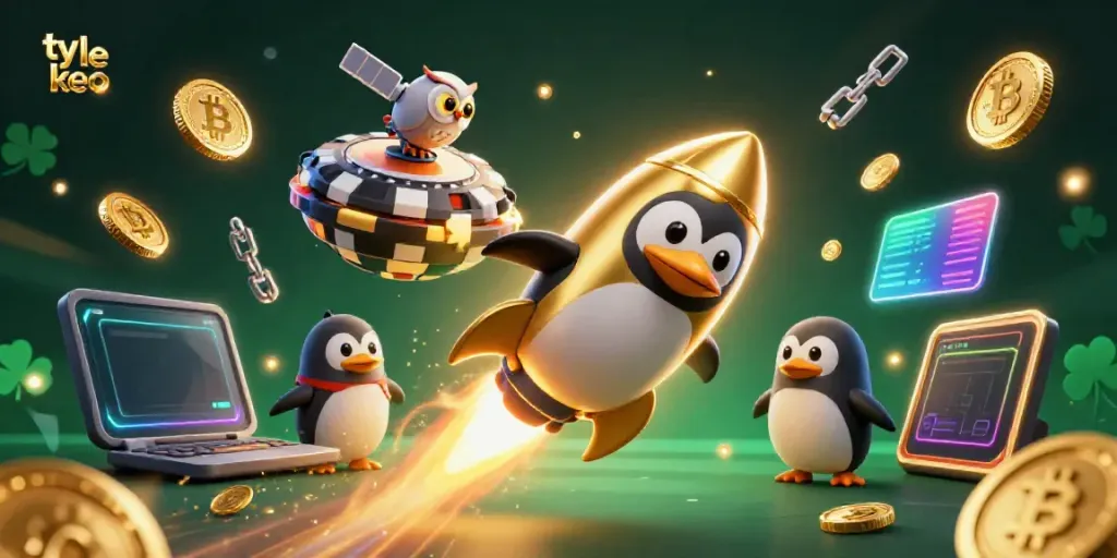 Experience thrilling ty le keo action with a golden penguin spaceship in a casino universe full of crypto coins.