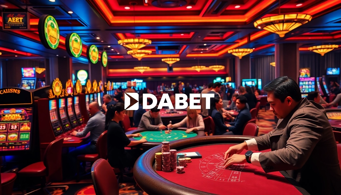 Experience thrilling gameplay at DABET's vibrant casino with slot machines and poker tables.