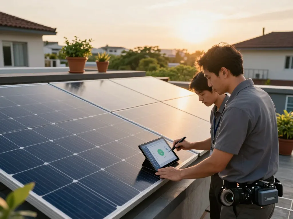 resistenza al PID dei pannelli solari showcased in a serene residential rooftop installation, highlighting efficiency and sustainability with a homeowner and technician.