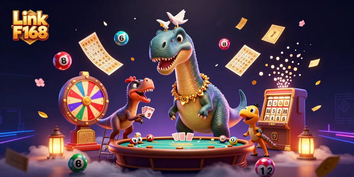 Play exciting games at Link F168 featuring a whimsical brontosaurus and dynamic casino elements.