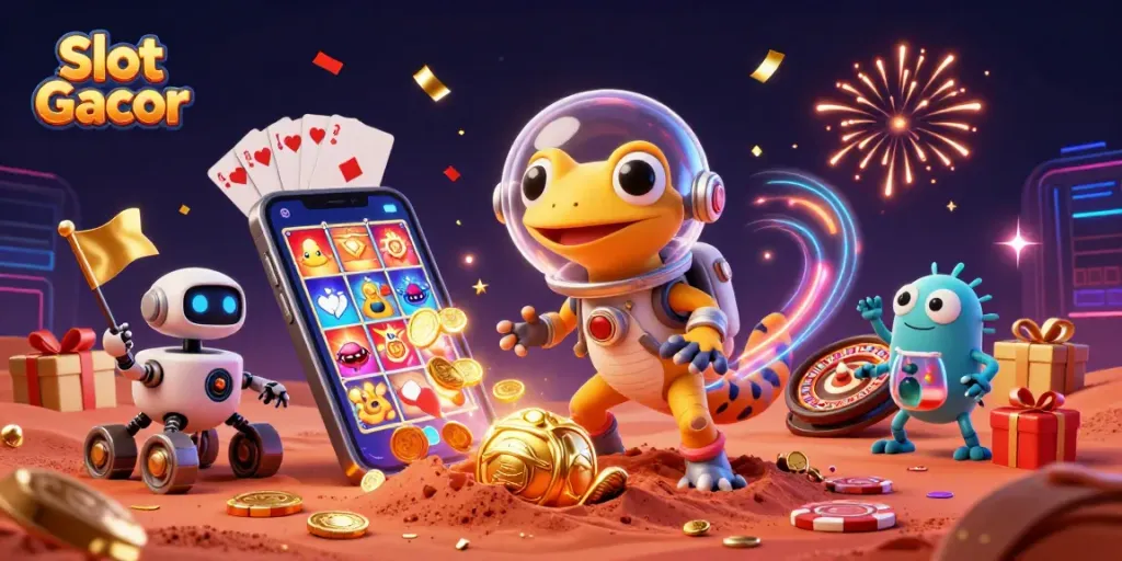 Menampilkan Slot Gacor yang menghibur dengan permainan slot dalam ilustrasi digital yang meriah.