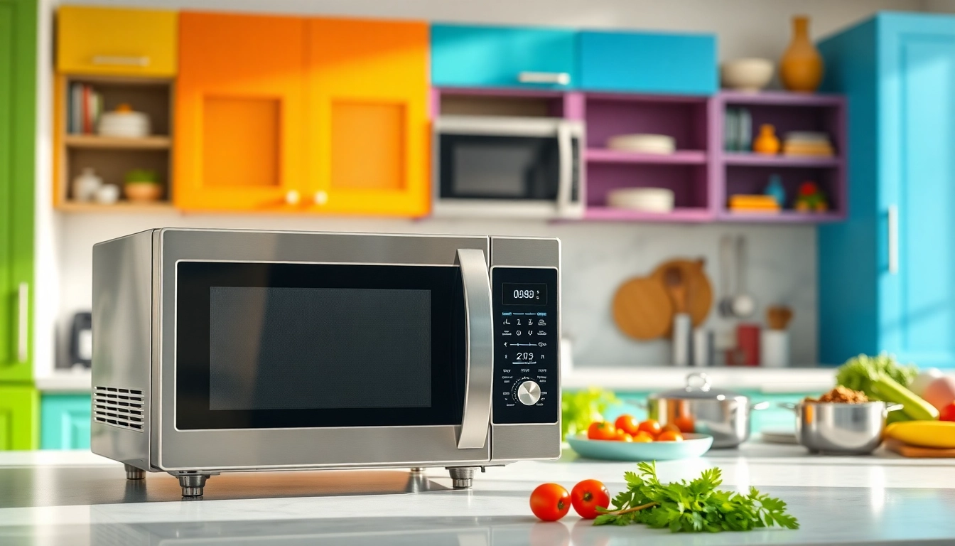 Showcase of microwave oven sales, highlighting sleek modern design in an attractive kitchen.
