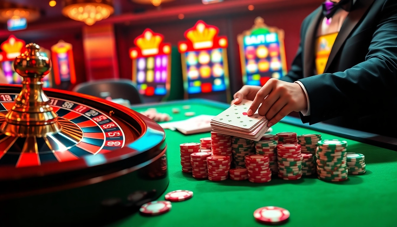 Experience the excitement of casino gaming with RED88's vibrant atmosphere, featuring roulette, poker, and colorful slot machines.