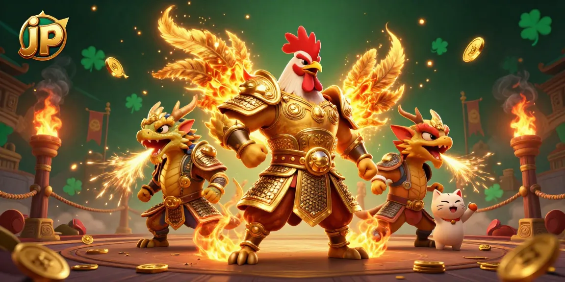 Experience the thrill of jp with a fierce rooster warrior and dragon in a captivating casino battle scene.