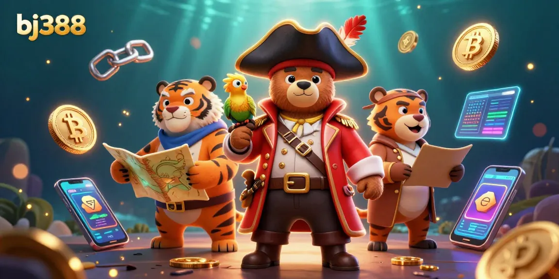 Experience thrilling gameplay at bj388 with an energetic pirate captain bear and tiger at an online casino.