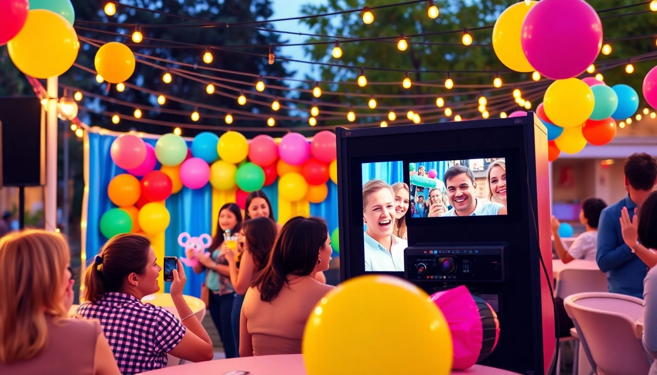 Guests enjoying a lively photo booth rental experience at an outdoor celebration.